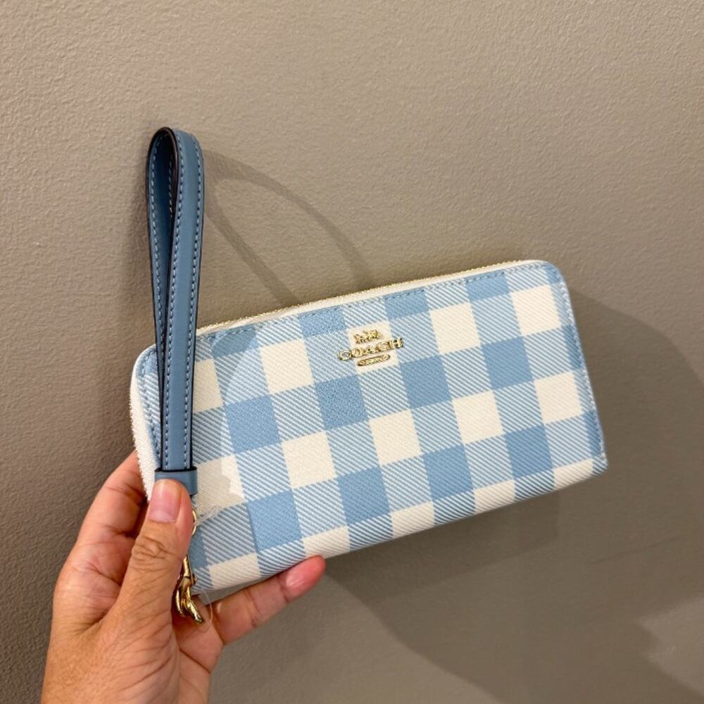 Coach Long Zip Around Wallet With Gingham Print CFA13 Gold/Blue Multi